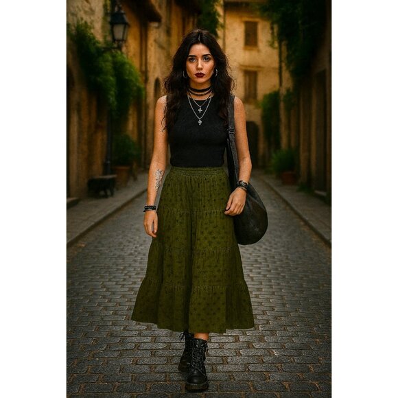 Mossimo Olive Boho Tiered Maxi Skirt – Smocked Waist – Size Small - Picture 1 of 9